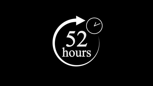 52 Hours Countdown Timer Animation. Stopwatch Clock icon with 52 Hour&rsquo;s Time Management on Black Background. 4k video.