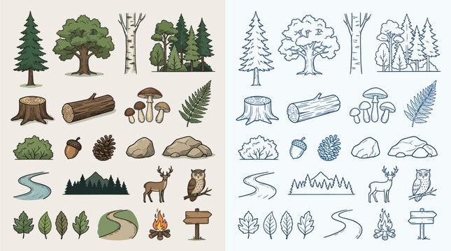 Collection of hand-drawn forest elements, including trees, mushrooms, animals, and natural scenery, presented in both color and line art.