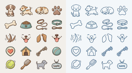 Collection of cute cartoon dog icons and illustrations, featuring various poses, accessories, and dog-related items in two distinct color palettes.