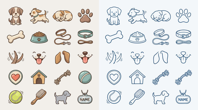 Collection of cute cartoon dog icons and illustrations, featuring various poses, accessories, and dog-related items in two distinct color palettes.