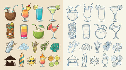 A vibrant collection of tropical drinks, tiki bar elements, and beach-themed icons, presented in both full color and line art. © renender