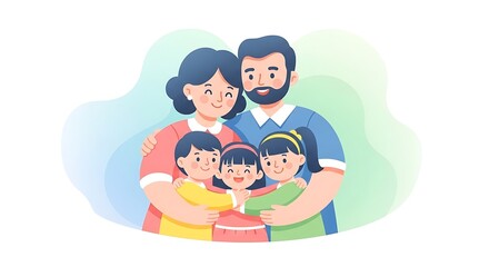 Happy Cartoon Family Portrait with Parents and Children.
