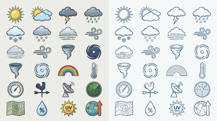 Fototapeta premium A collection of colorful and monochrome weather icons depicting various meteorological phenomena and forecasting tools.