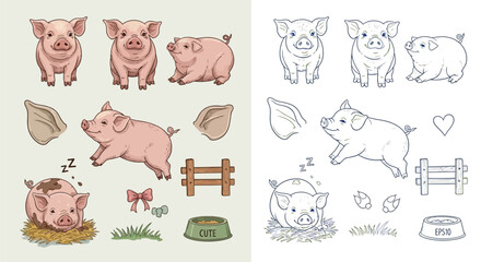 Collection of cute cartoon pigs in various poses and elements, including a fence, food bowl, and bow, presented in both color and outline versions.