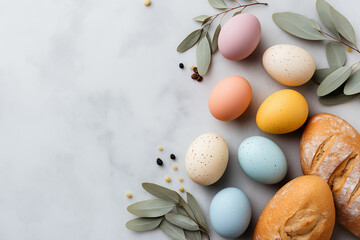 Colorful Easter eggs and fresh bread arranged beautifully in a spring atmosphere Generative AI