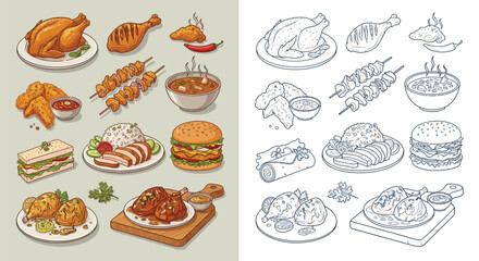 A collection of delicious chicken dishes and fast food items, presented in both full color and line art.