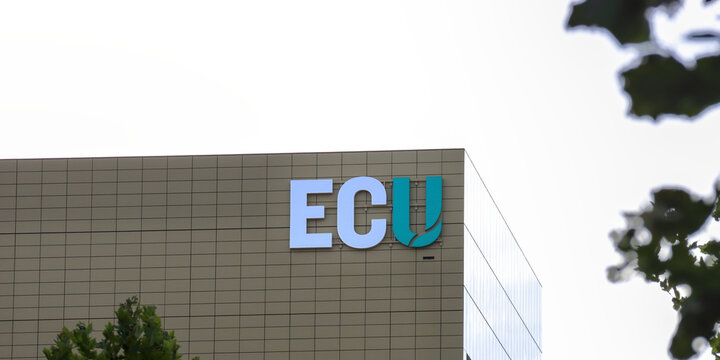 Perth, Western Australia, Australia - February 9 2026: Edith Cowan University, ECU.  Brand name, logo, new campus in city. Building exterior. Copy space