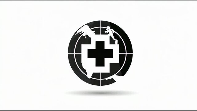 A black and white graphic logo featuring a cross within a circle with a world map outline.