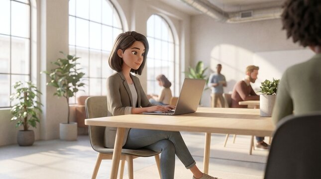 3D stylized business woman working on laptop in modern sunny office workspace render