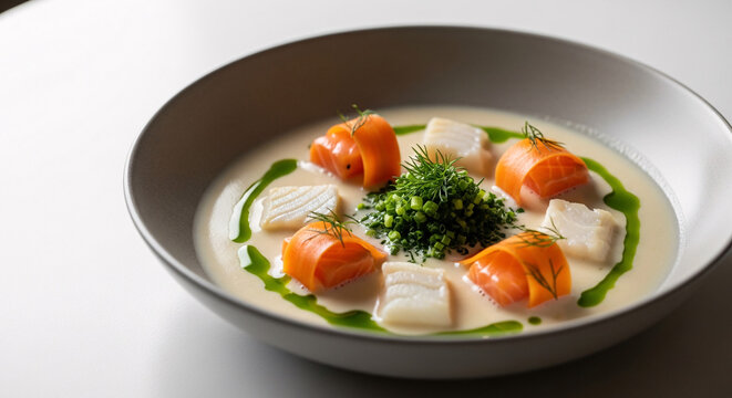 Elegant creamy fish soup with salmon and cod pieces, herbs, and green oil drizzle