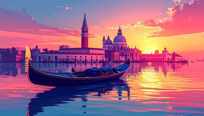 Fototapeta premium Venetian canal scene with gondola at sunset, mirroring vibrant sky