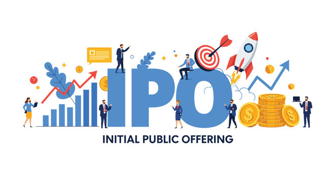 Initial public offering concept featuring a large IPO text surrounded by business people, charts, and icons of financial growth.