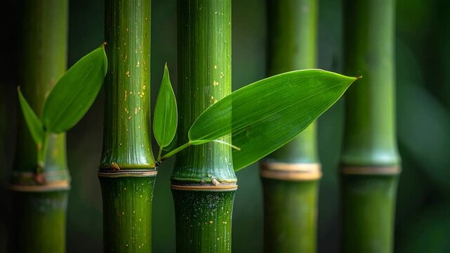 Close-up of vibrant green bamboo stalks with leaves, lush and natural
