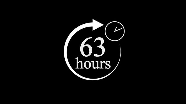63 Hours Countdown Timer Animation. Stopwatch Clock icon with 63 Hour&rsquo;s Time Management on Black Background. 4k video.