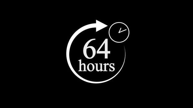 64 Hours Countdown Timer Animation. Stopwatch Clock icon with 64 Hour&rsquo;s Time Management on Black Background. 4k video.