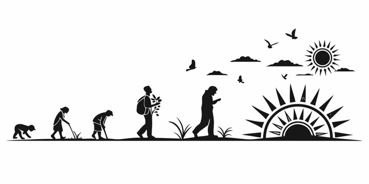 Evolution of man illustrated with a sunrise and birds in flight