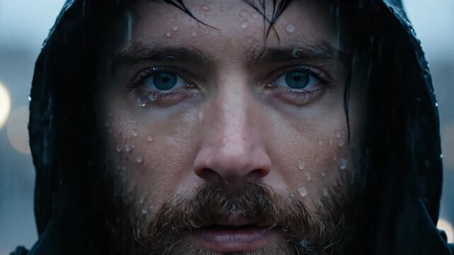 Close-up of a mans face with a beard and wet hair, looking directly at the camera with a serious expression, rain falling on his face.