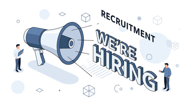Recruitment advertisement with a giant megaphone and the words we are hiring surrounded by small business people and icons.