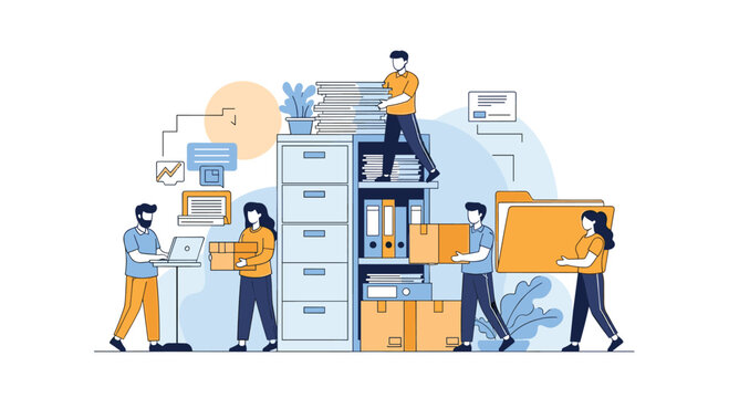Team of people working in a busy office organizing filing cabinets and boxes to represent data management and archiving tasks.