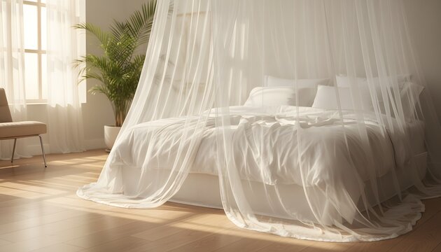 A bright and airy bedroom with a comfortable bed and protective mosquito net, highlighting health and prevention for a World Malaria Day concept