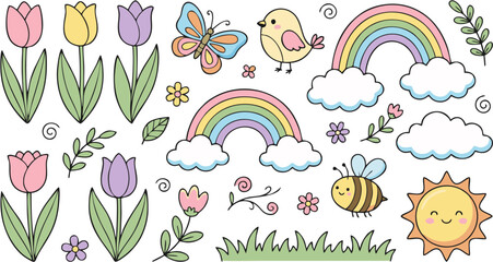 Fototapeta premium Cute vector collection of spring nature elements, including tulips, rainbows, sun, bee, and butterfly. Ideal for children's designs and cheerful seasonal projects