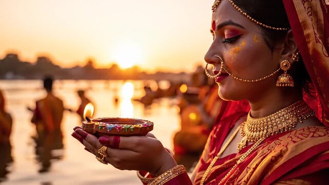 Indian Woman Holding Lit Diya for Pooja Ritual at Golden Hour Sunset