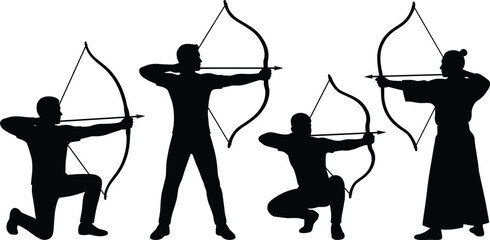 Black archery silhouettes set, vector archer icon collection performing various shooting poses with bow and arrow, sports athlete isolated on white background, symbol © JONI