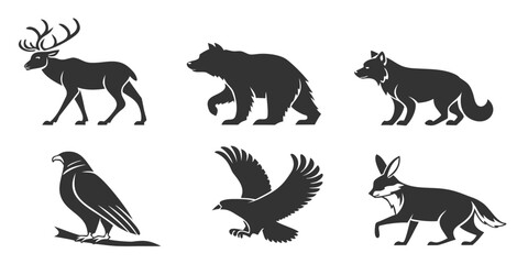 A collection of six black silhouettes of various animals in different poses