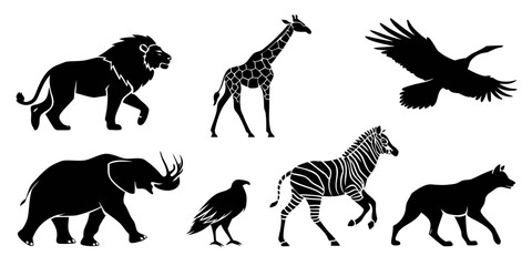 A diverse collection of african wildlife silhouettes against a white background © ALEX ROSS