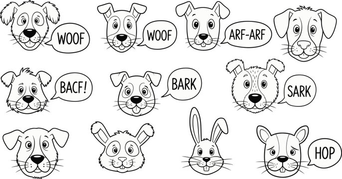A black and white illustration of various animal faces with speech bubbles