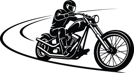 Black motorcycle silhouette vector illustration, biker riding chopper motorbike on curved road, motorcycling adventure and extreme speed sport icon isolated on white © Junayid