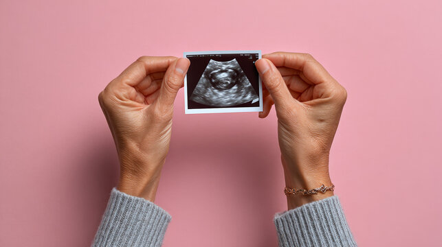Hands holding ultrasound printout against pink background