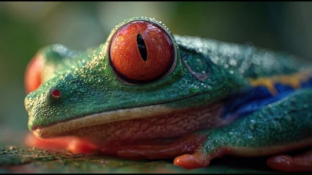 Macro close-up of a vibrant red-eyed tree frog with water droplets blinking its eye in a lush tropical rainforest