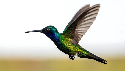 Obraz premium Vibrant hummingbird mid-flight, wings blurred, isolated pure white background. 