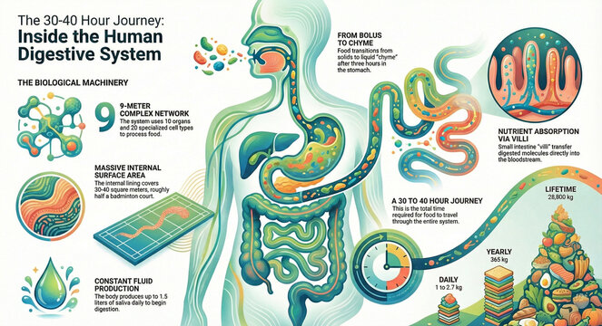 Educational infographic of the human digestive system journey, showing internal organs, anatomy, and biological statistics