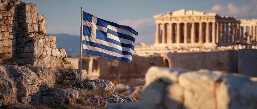 Greek Flag Waving Before Ancient Parthenon at Sunset