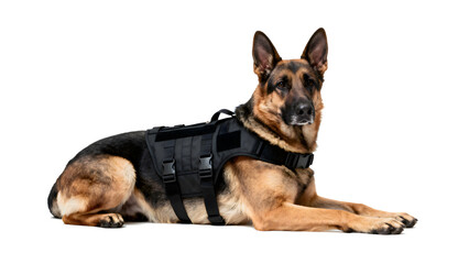 Obraz premium German Shepherd Working Dog Wearing Tactical Vest Isolated on png Background