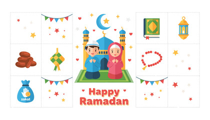 Ramadan Kareem Vector Illustration, Mosque, Crescent Moon, Lantern, Quran, Prayer Beads, Zakat, Dates, Ketupat, Festive Decorations, Islamic Cultural Symbols for Design, Education, Celebration