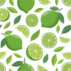 Tropical seamless pattern with green limes and lime slices. Hand drawn lemes pattern on white background.