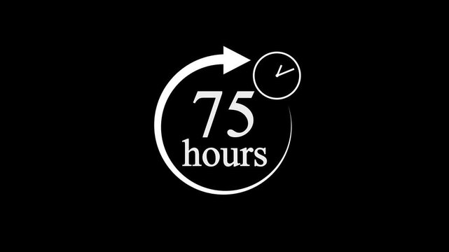 75 Hours Countdown Timer Animation. Stopwatch Clock icon with 75 Hour&rsquo;s Time Management on Black Background. 4k video.