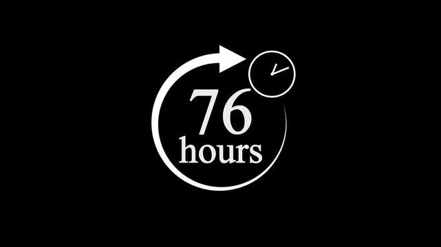 76 Hours Countdown Timer Animation. Stopwatch Clock icon with 76 Hour&rsquo;s Time Management on Black Background. 4k video.