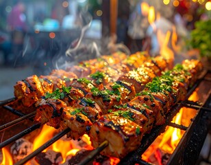 Sizzling meat skewers on a grill with flames and herbs (1)