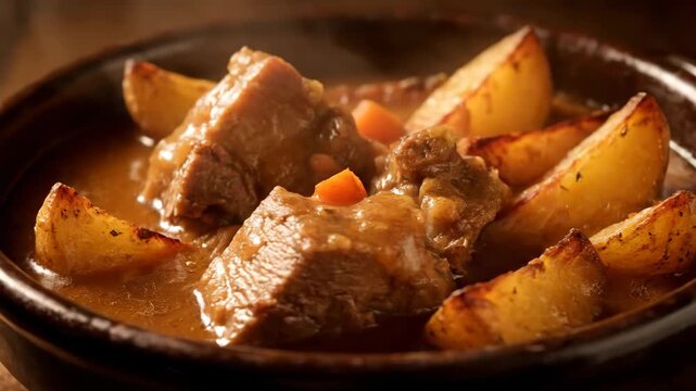 Hearty Beef Stew with Roasted Potato Wedges and Carrots in a Rich Gravy, Served Hot in a Rustic Earthenware Bowl. Close-up of Traditional Comfort Food.