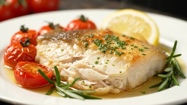Delicious pan-seared white fish fillet served with roasted cherry tomatoes, fresh rosemary, and lemon garnish, highlighting healthy gourmet seafood cuisine.