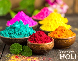 Colorful traditional Holi powder in bowls. Happy Holi. Concept Indian color festival.