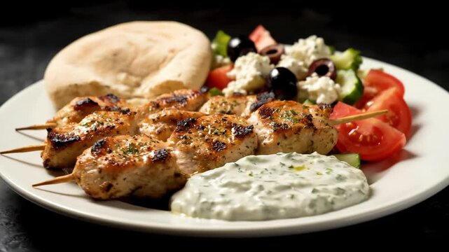 Delicious close-up of traditional Greek Souvlaki platter featuring grilled chicken skewers, fresh Greek salad with feta, warm pita bread, and creamy tzatziki sauce.