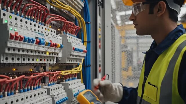 Engineer inspecting electrical panel with multimeter in industrial environment for safety