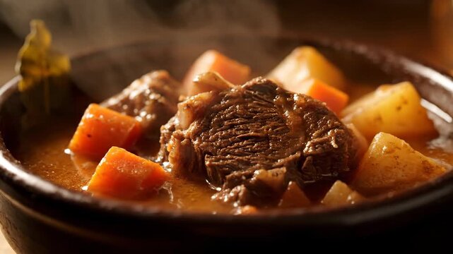 Close up of steaming, rich beef stew served in a rustic bowl with large chunks of braised meat, carrots, and potatoes, suggesting a comforting homemade meal.
