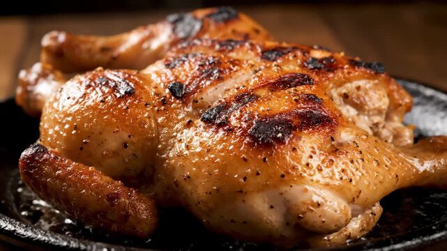 Appetizing close-up of freshly roasted spatchcock chicken served hot on a cast iron plate, featuring crispy golden-brown skin, black pepper seasoning, and slight char marks.
