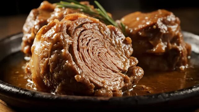 Close-up Macro Shot of Tender Braised Beef Pot Roast in Brown Gravy, Served Hot on a Rustic Dark Plate, Ready to Eat.
